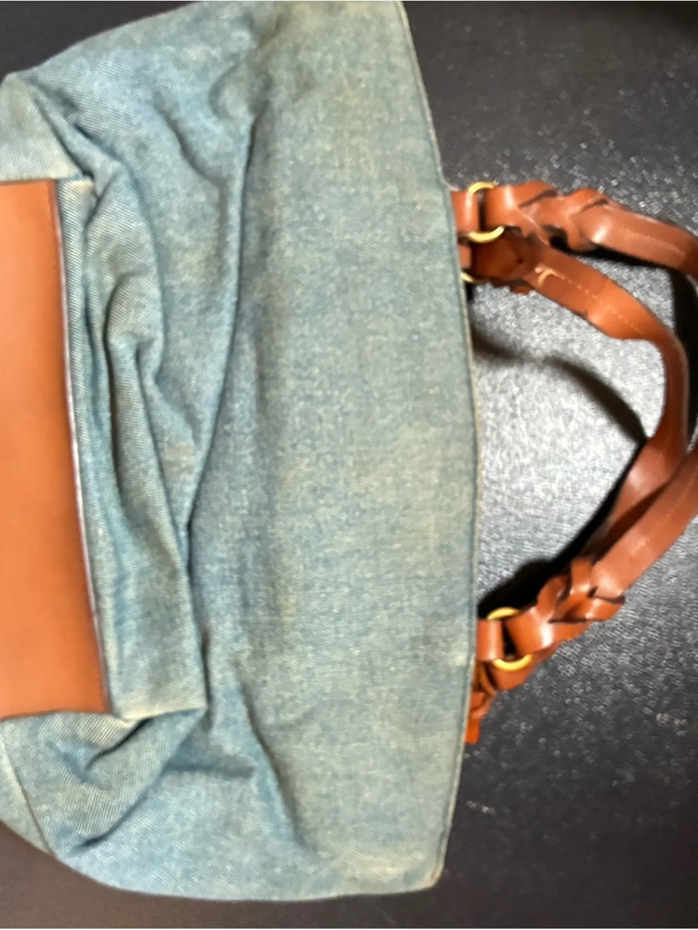 Fossil Denim Tote with Brown Leather Handles and Floral Embroidery